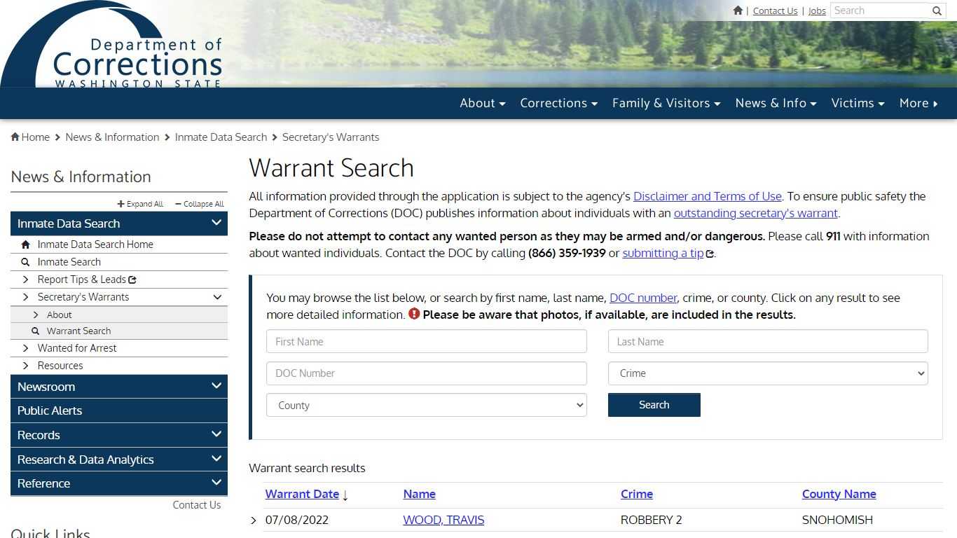 Warrant Search | Washington State Department of Corrections